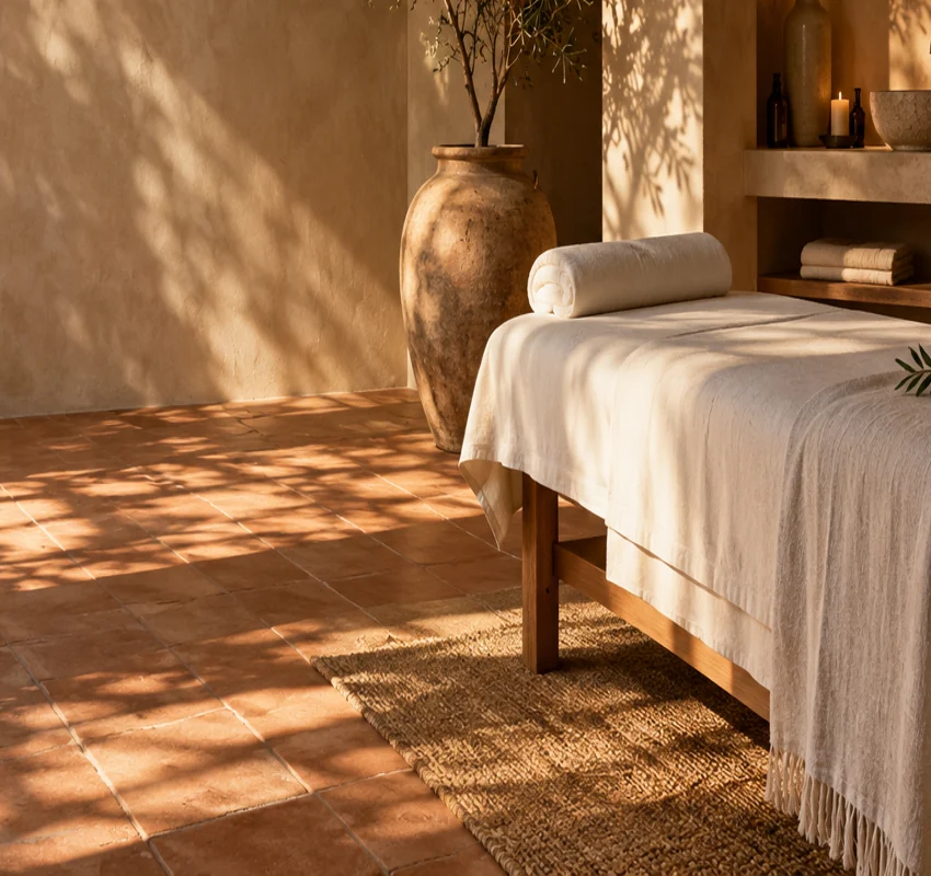 Illustrative Mediterranean treatment room with ivory linen, olive branches and warm natural light