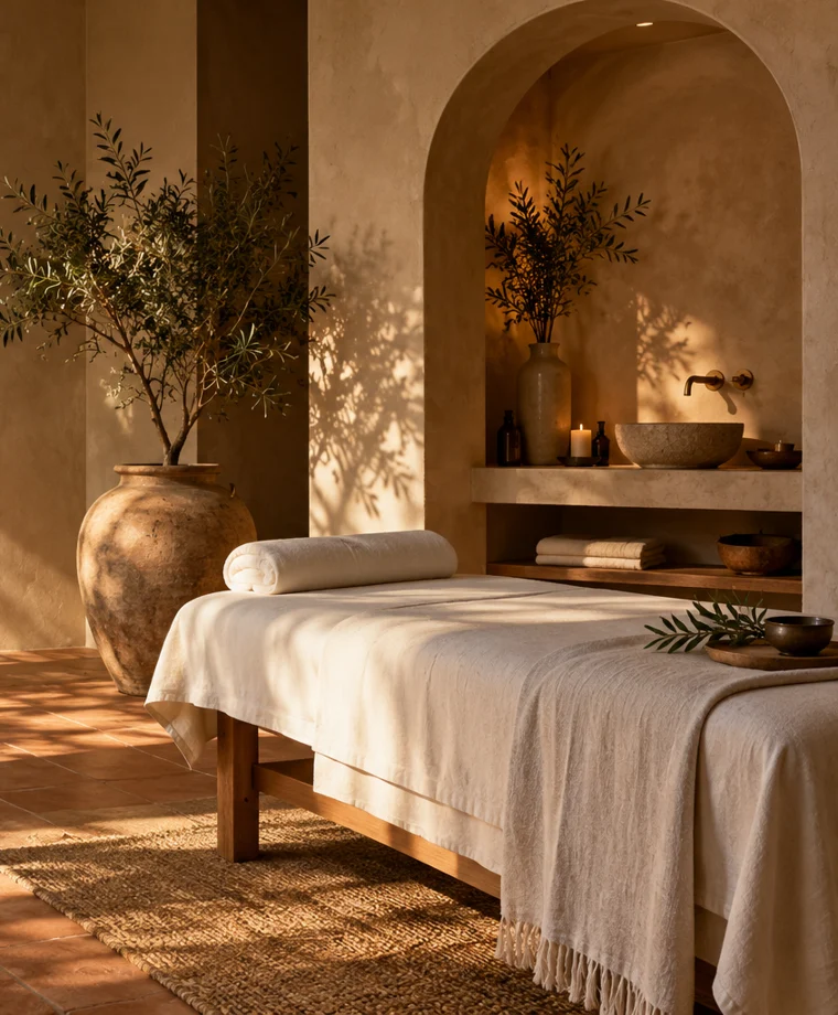 Illustrative Mediterranean treatment room with ivory linen, olive branches and warm natural light