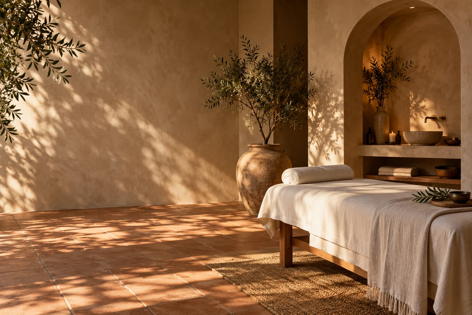 Illustrative Mediterranean treatment room with ivory linen, olive branches and warm natural light